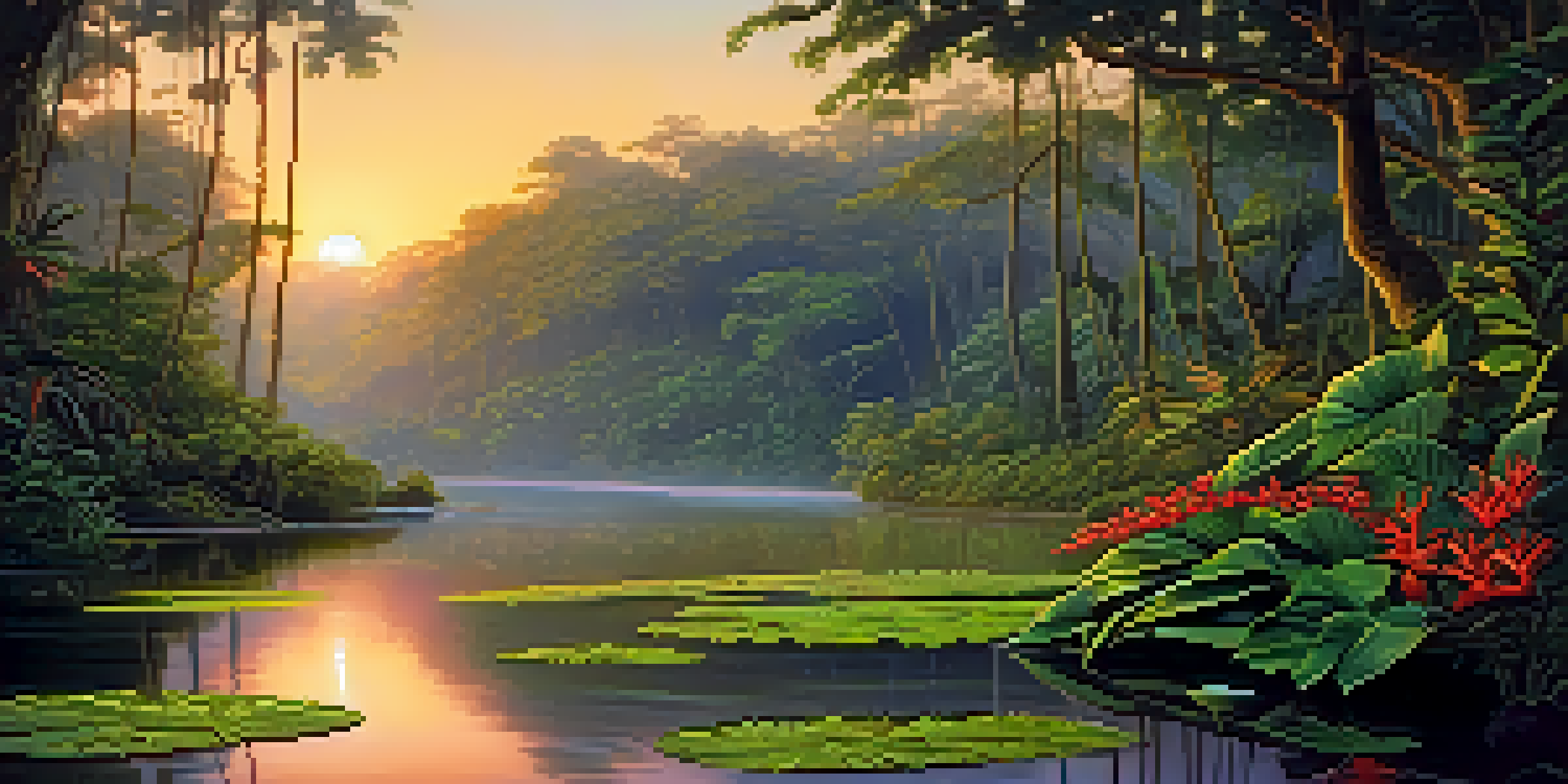A peaceful Amazon rainforest at sunset, showcasing a river and lush greenery with a climbing vine.