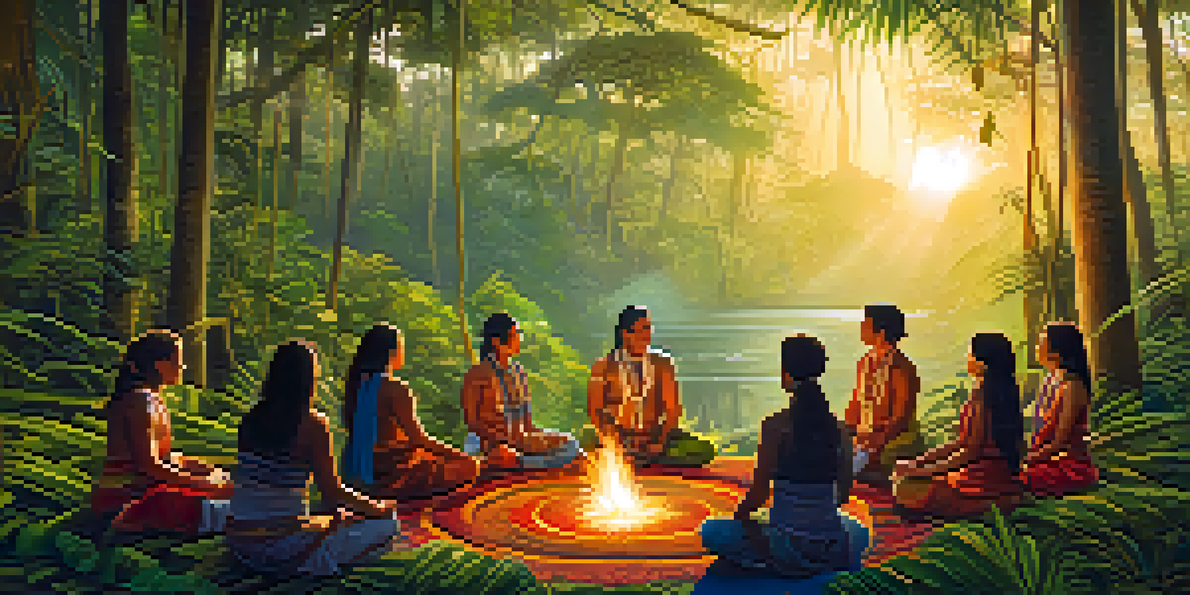 A serene Amazonian landscape at sunrise with participants in a traditional Ayahuasca ceremony around a fire, illuminated by soft golden light.