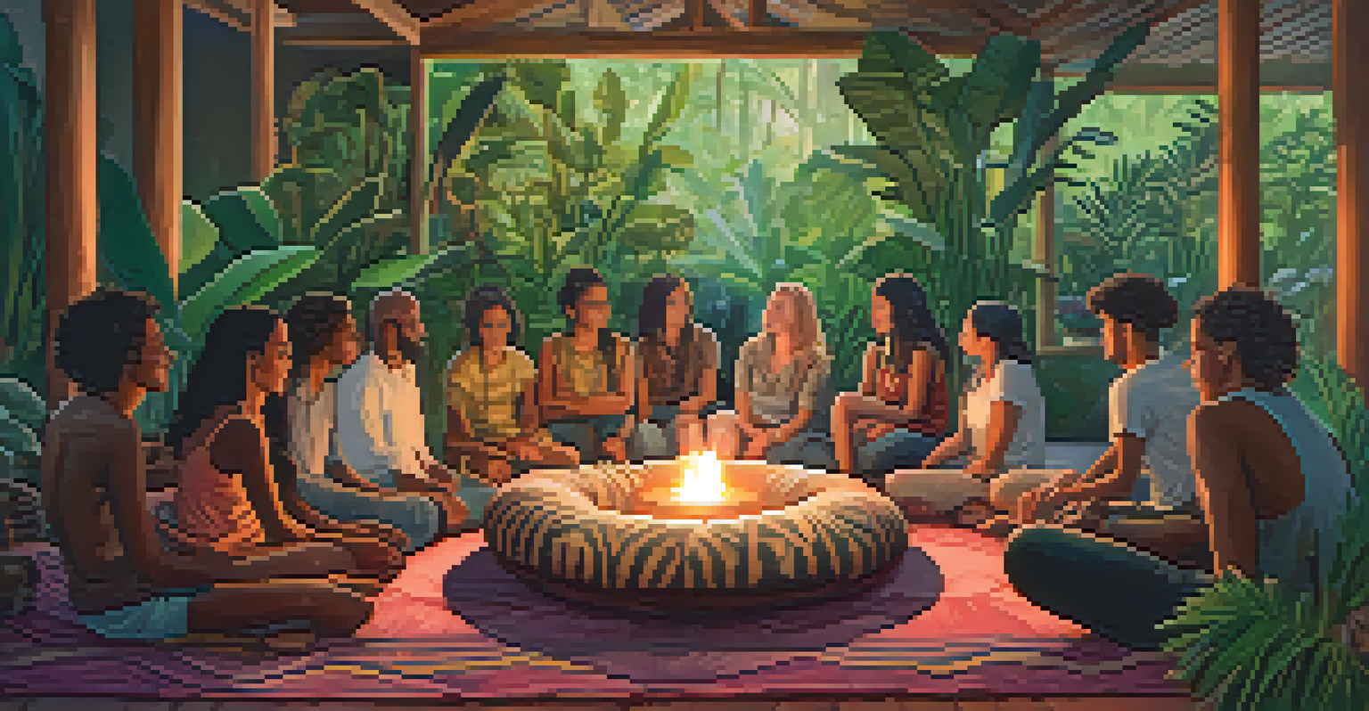 A cozy group setting with diverse individuals sitting in a circle, engaged in conversation, surrounded by calming decor for post-ayahuaca integration.
