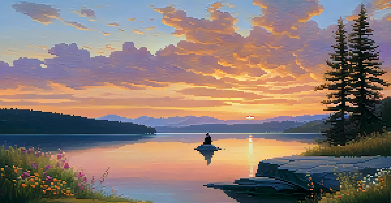 A person reflecting by a lake after an Ayahuasca ceremony, surrounded by nature at sunset.