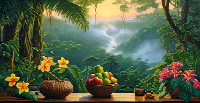 A tranquil Amazon rainforest at dawn with a wooden table displaying Ayahuasca brew surrounded by tropical flowers.