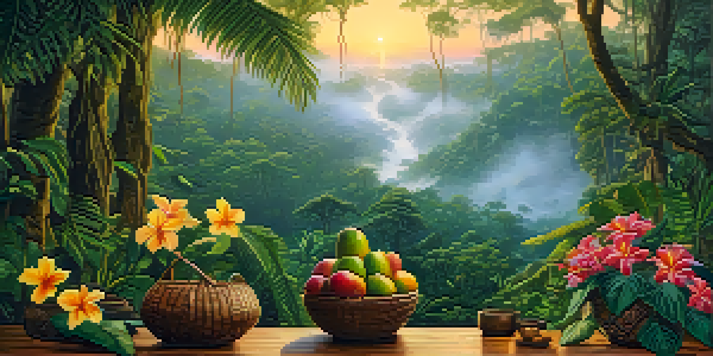 A tranquil Amazon rainforest at dawn with a wooden table displaying Ayahuasca brew surrounded by tropical flowers.