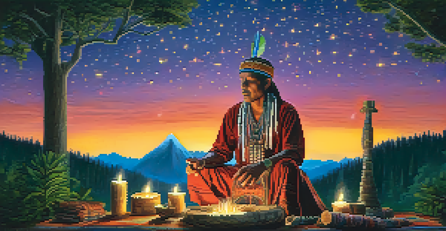 An indigenous shaman conducting a ritual in the rainforest at night, with candles and stars above.