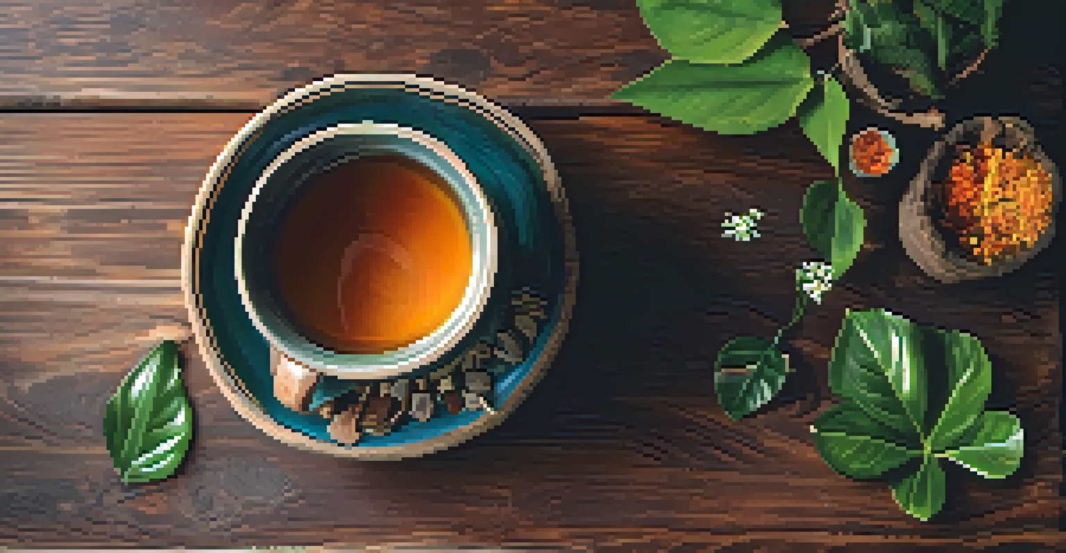A close-up of a traditional Ayahuasca brew in a ceramic cup on a rustic wooden table, surrounded by fresh leaves and flowers.