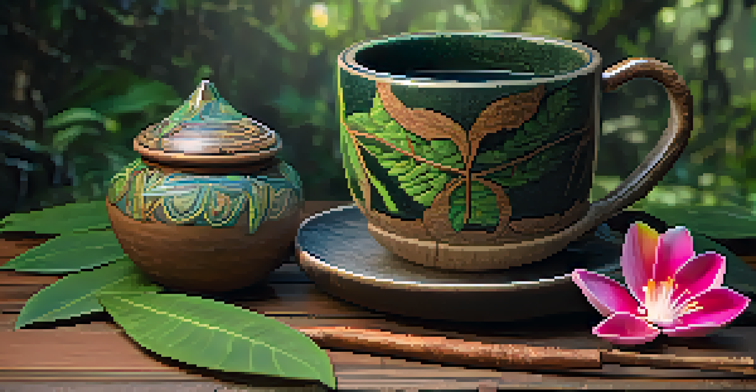 A ceramic cup filled with dark Ayahuasca brew, surrounded by fresh Amazonian leaves and flowers on a wooden table, illuminated by soft light.