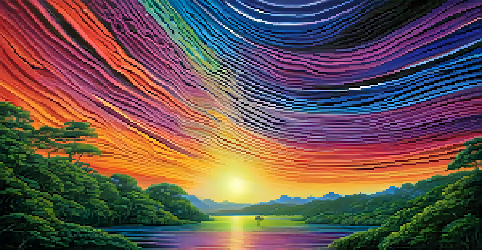 Colorful sound waves representing an icaro song over a dreamlike Amazon landscape at sunset, symbolizing the spiritual power of music.