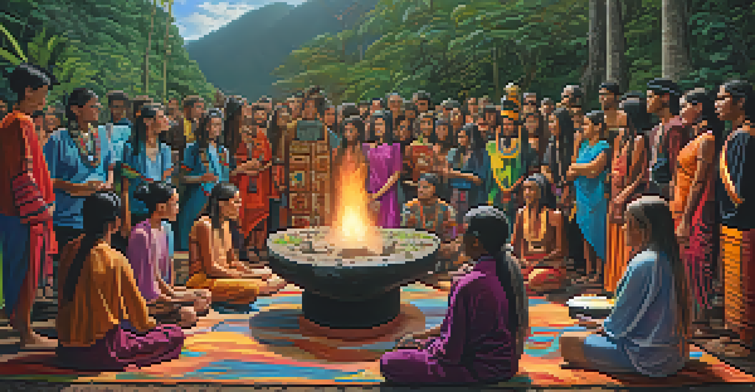 A split image showing a traditional ayahuasca ceremony led by an elder and a modern gathering of young people, highlighting the blend of tradition and contemporary influences.