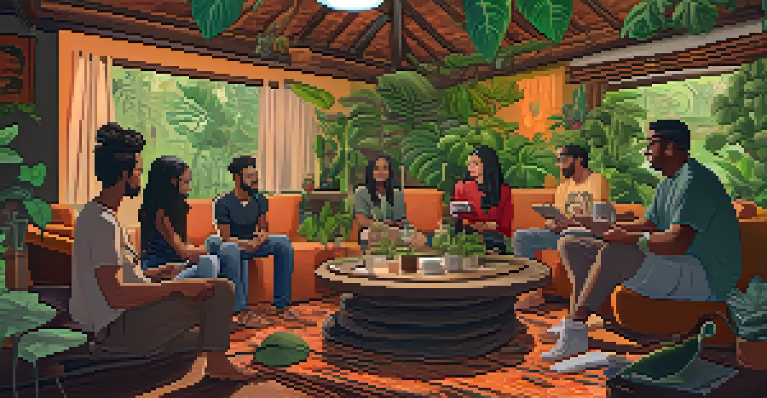 A virtual meeting of diverse individuals discussing Ayahuasca, with traditional symbols in the background.