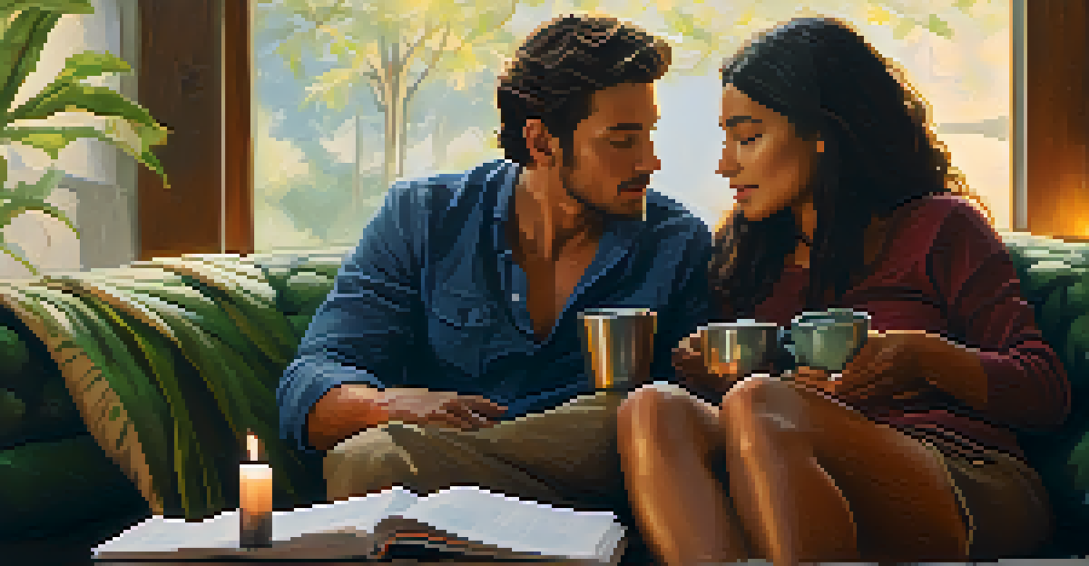 A couple having a deep conversation on a couch, with a journal and candle on the table.