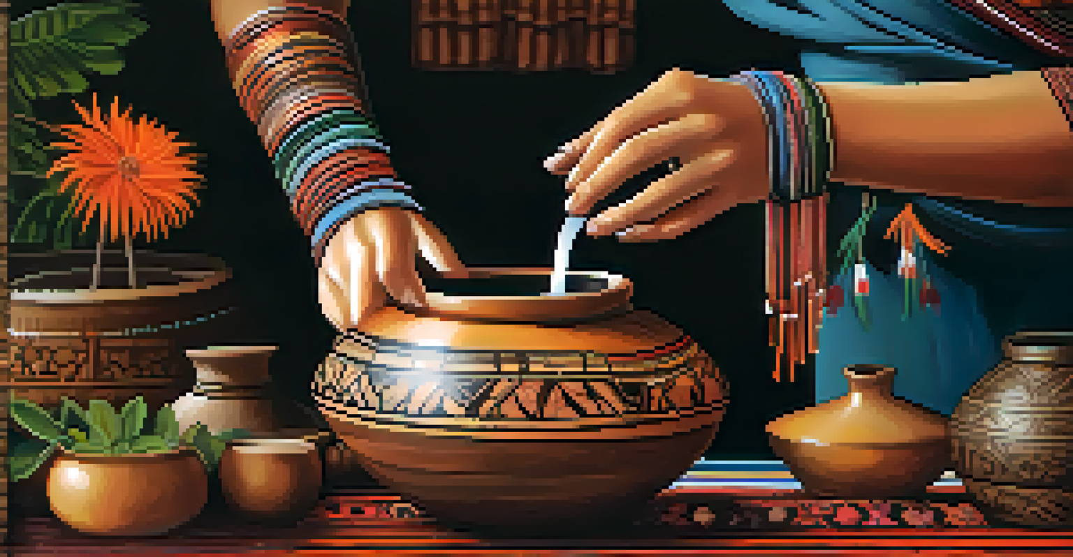 A close-up of a woman holding ayahuasca brew in a traditional vessel, with tribal jewelry and a focused expression.