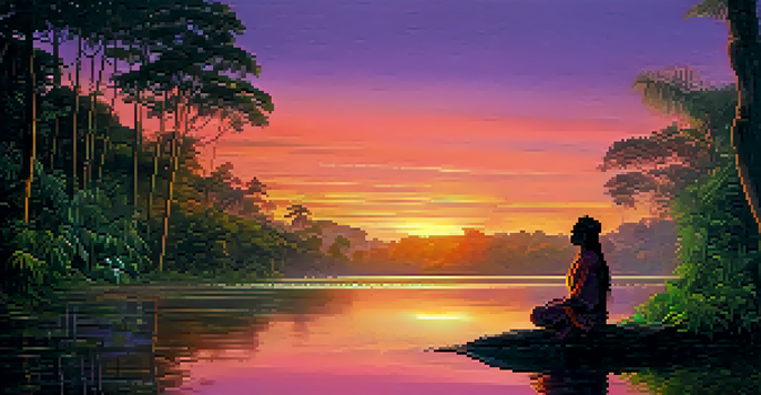 A peaceful sunset in the Amazon rainforest with a shaman preparing for a ceremony by the river.