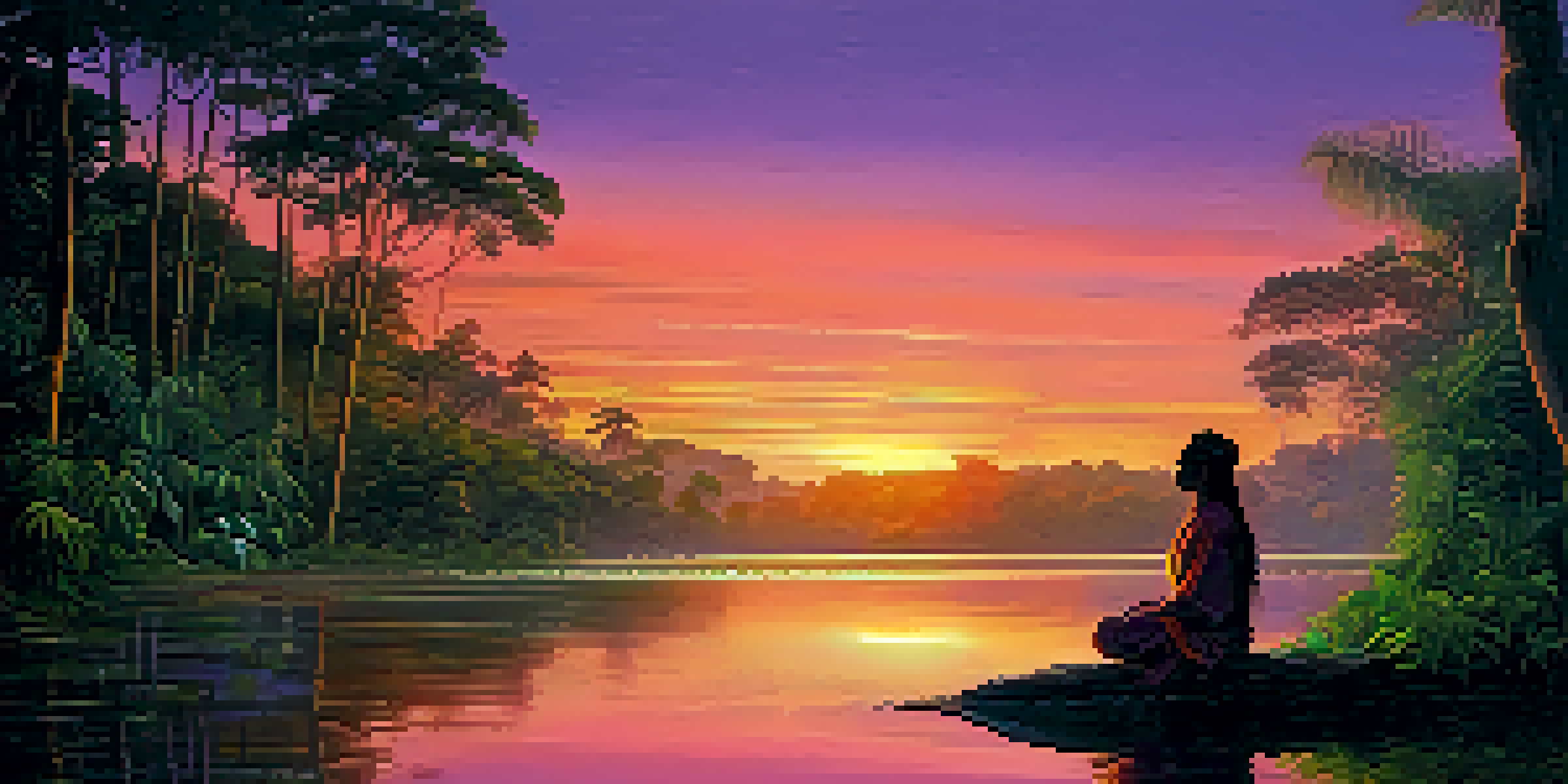 A peaceful sunset in the Amazon rainforest with a shaman preparing for a ceremony by the river.