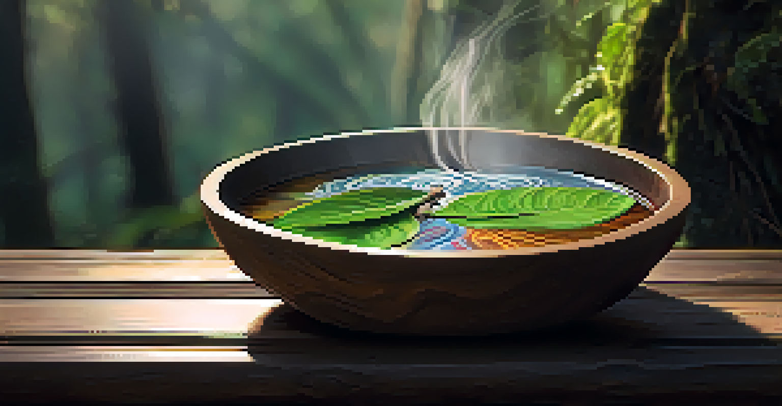 A close-up of an Ayahuasca brew in a wooden bowl, with steam and soft natural lighting in the background.