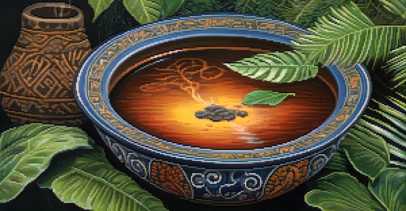A close-up of traditional Ayahuasca brew in a ceramic bowl with steam rising, surrounded by tropical plants, showcasing rich textures and colors.