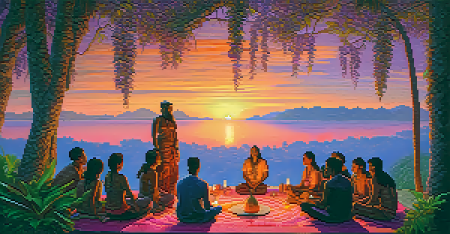 An outdoor Ayahuasca ceremony at sunset, with participants on woven mats under a vibrant sky.