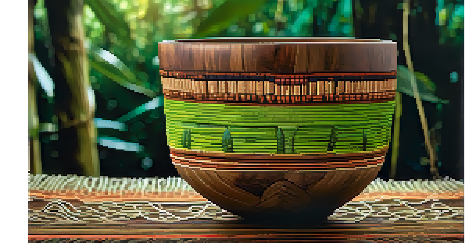 A close-up of a natural Ayahuasca cup on a woven mat, surrounded by Amazonian plants, with a soft-focus forest background highlighting the textures.