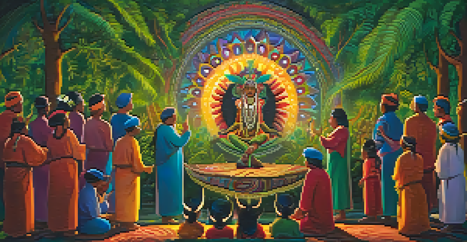 A shaman singing traditional songs during an Ayahuasca ceremony, surrounded by participants and vibrant energy patterns in a lush forest setting.