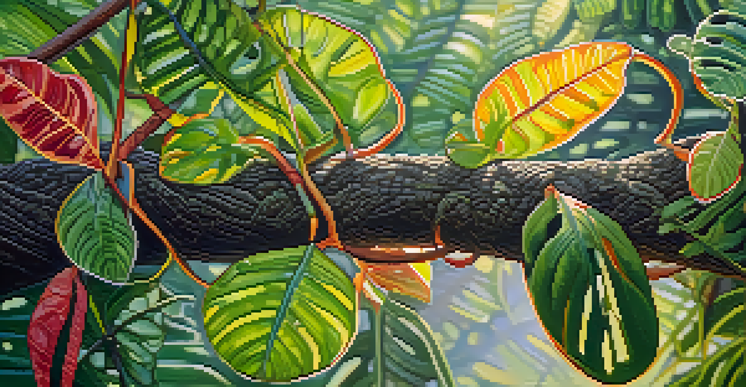 Close-up of the Banisteriopsis caapi vine and rainforest plants, showcasing intricate textures and vibrant colors in natural sunlight.