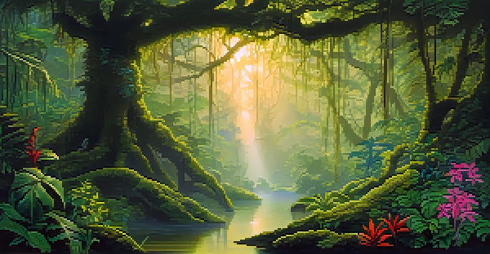 A peaceful Amazon rainforest at dawn with the Ayahuasca vine on a tree, illuminated by soft golden light and surrounded by vibrant plants.