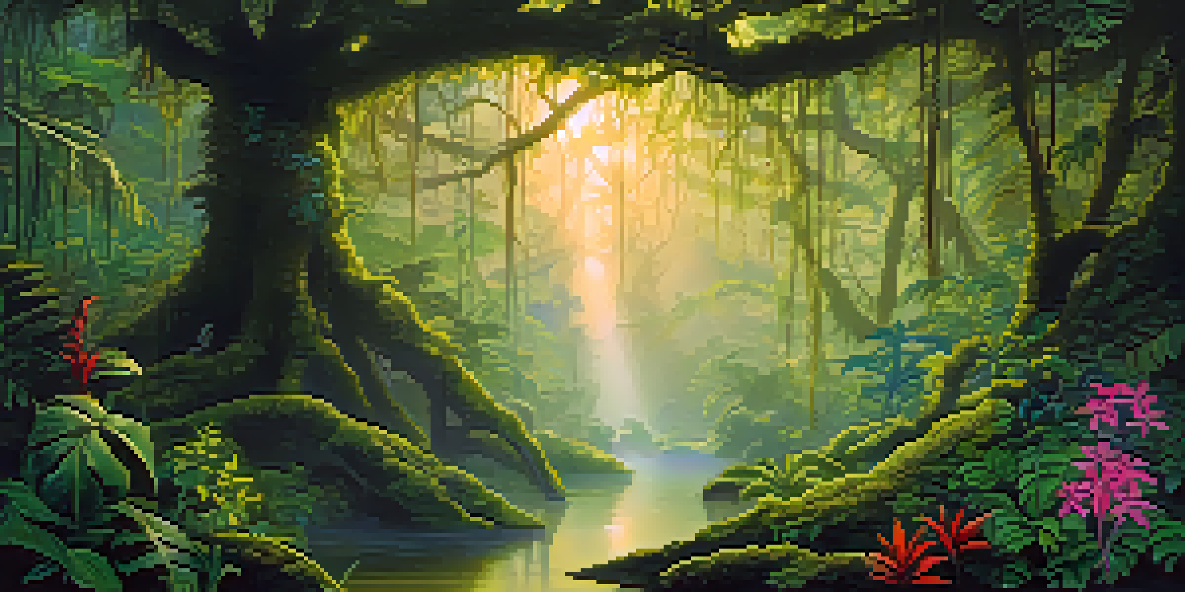 A peaceful Amazon rainforest at dawn with the Ayahuasca vine on a tree, illuminated by soft golden light and surrounded by vibrant plants.