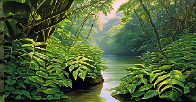 A tranquil Amazon rainforest with intertwining vines and leaves, illuminated by soft sunlight, and a reflective stream.