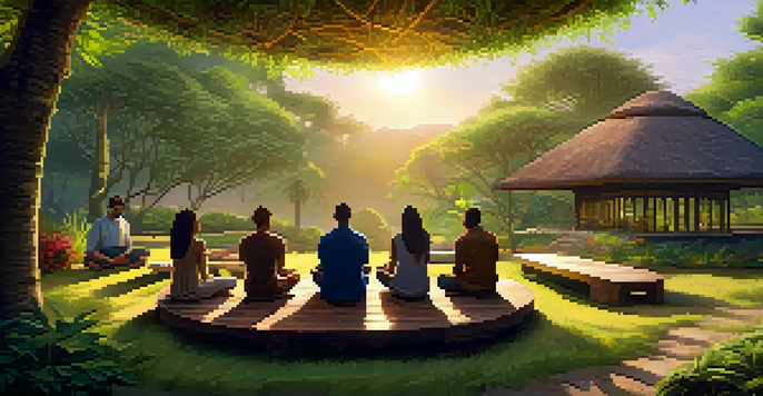 A peaceful Ayahuasca retreat scene with diverse participants meditating in a flower-filled garden during sunset.