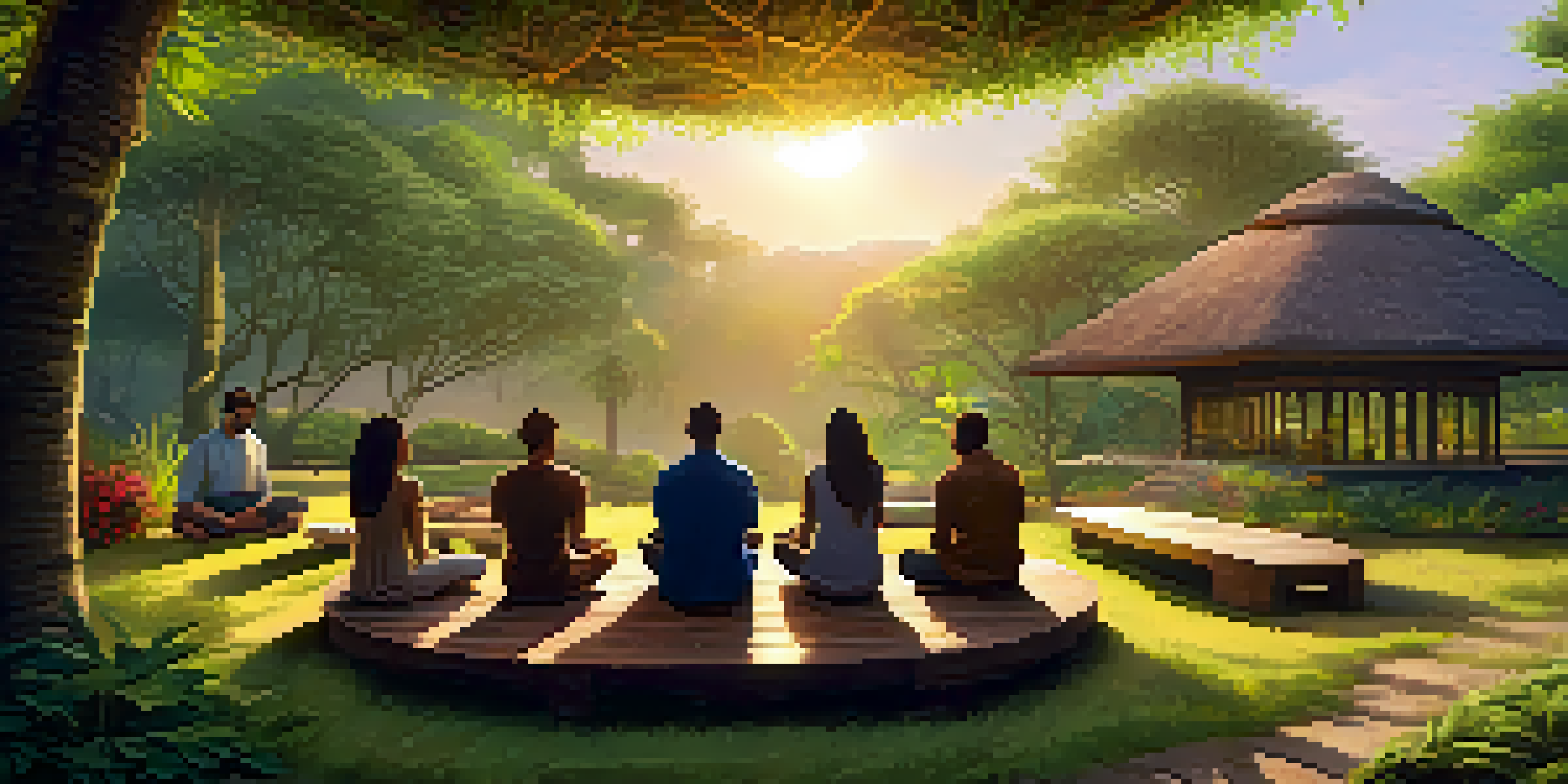 A peaceful Ayahuasca retreat scene with diverse participants meditating in a flower-filled garden during sunset.