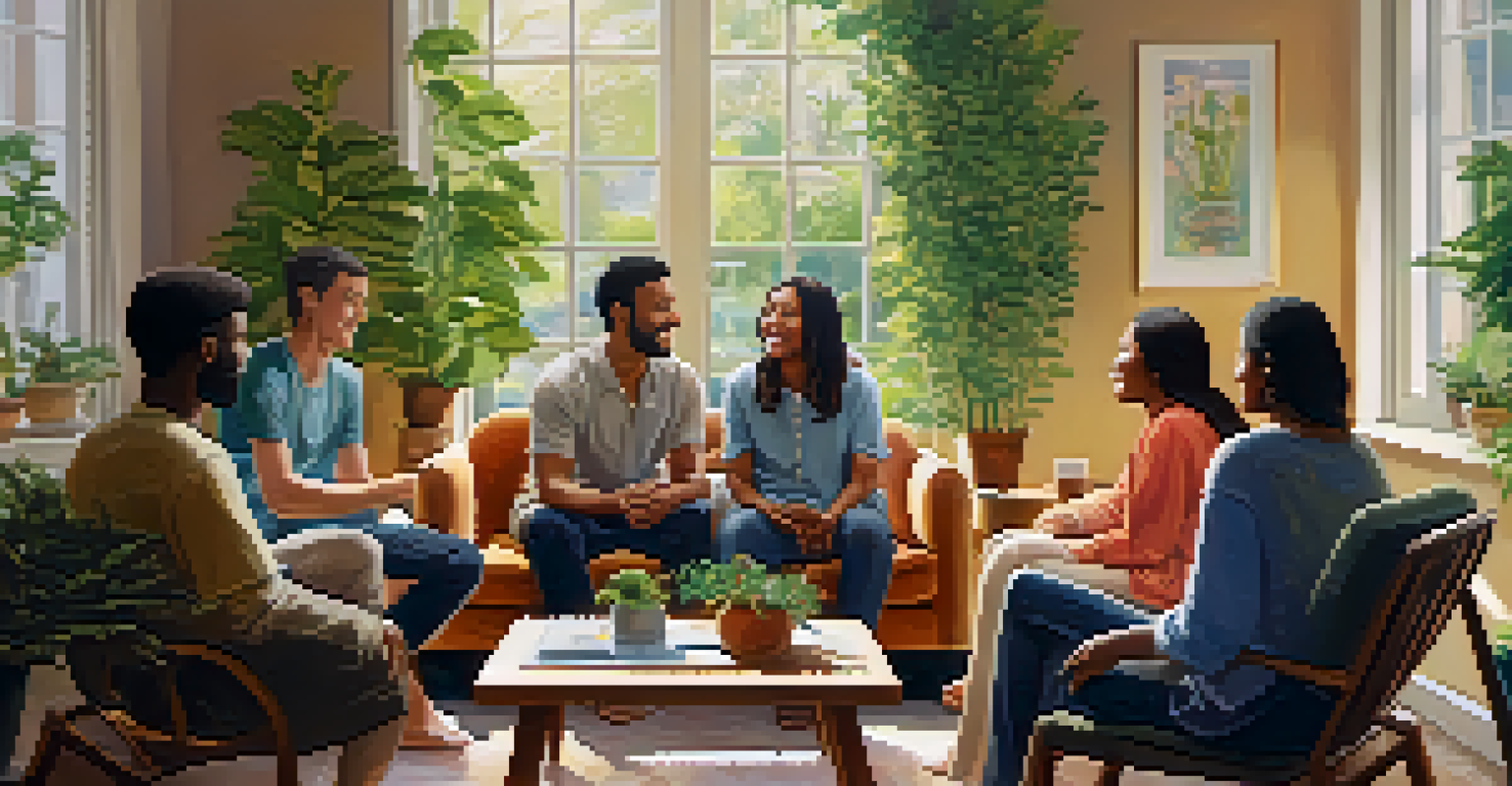 A cozy room filled with sunlight, where a diverse support group shares stories and smiles in a warm and inviting atmosphere.