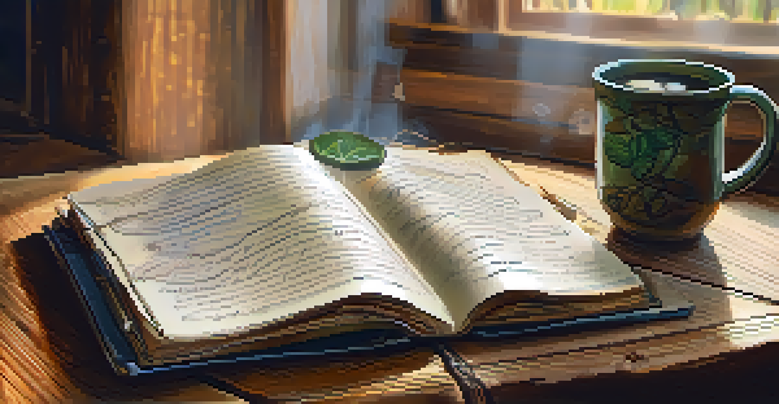 A close-up of a journal with notes and sketches about insights from an Ayahuasca experience, with a cup of tea beside it.