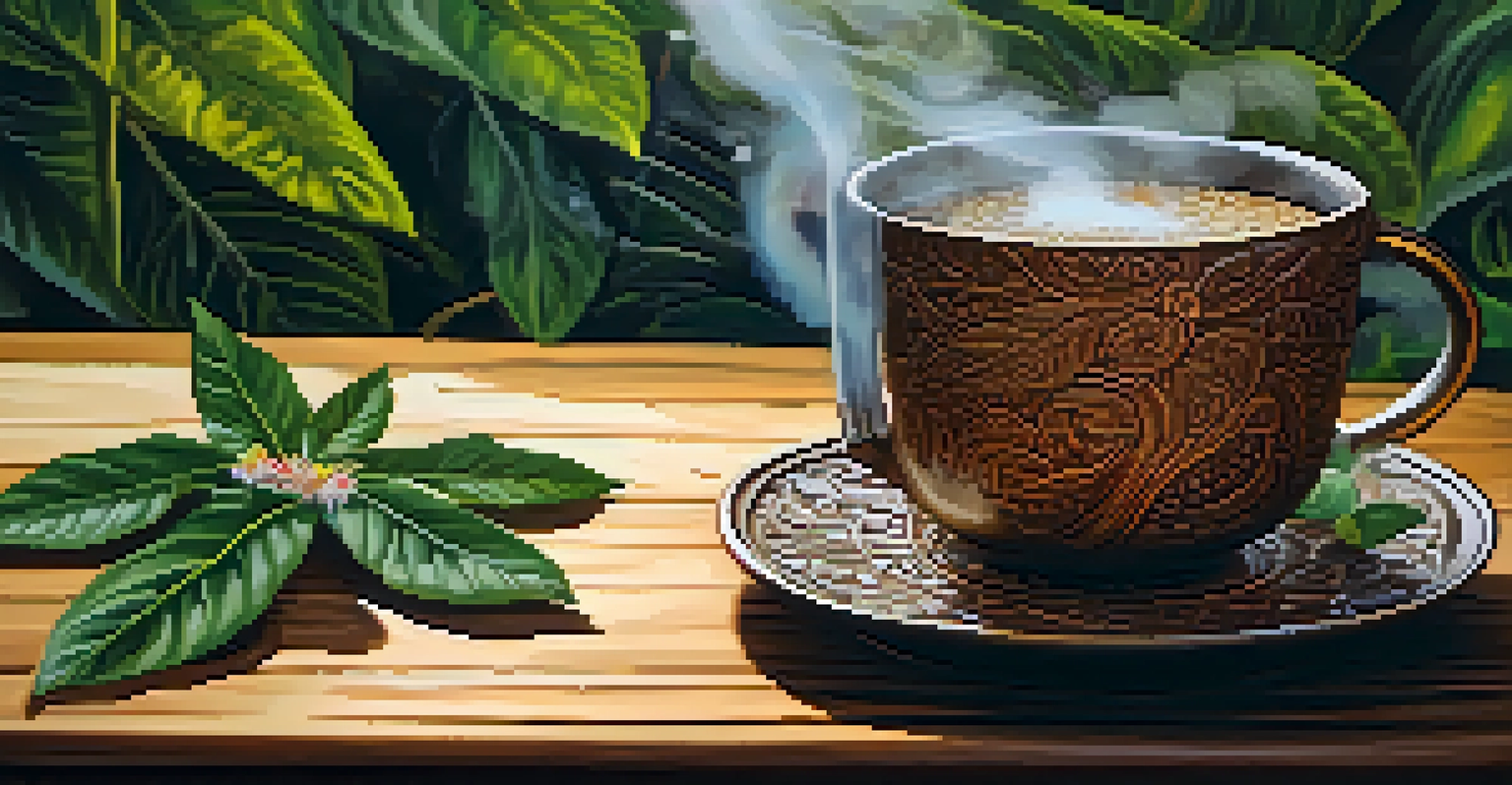 A close-up of a steaming cup of Ayahuasca brew on a wooden table, surrounded by leaves and flowers, with soft natural light illuminating the scene.