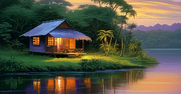 A serene river flowing through a lush jungle at dusk, with vivid colors reflecting on the water and a wooden hut on the riverbank.