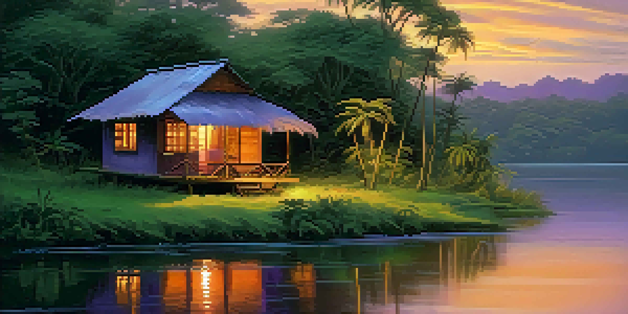 A serene river flowing through a lush jungle at dusk, with vivid colors reflecting on the water and a wooden hut on the riverbank.
