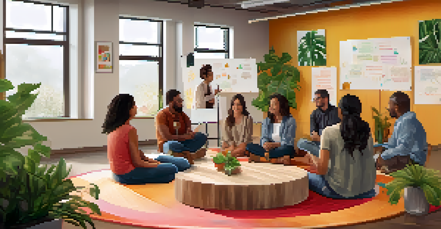 A lively indoor integration circle after an ayahuasca ceremony, with participants discussing their insights surrounded by colorful cushions and plants.