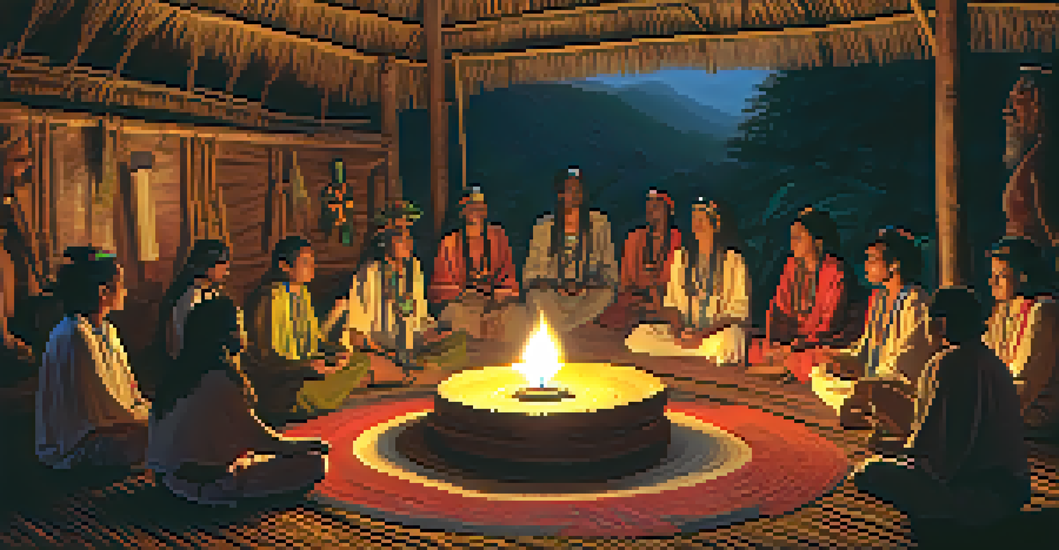 A candlelit ayahuasca ceremony in a wooden hut, with participants seated in a circle and a shaman at the center.