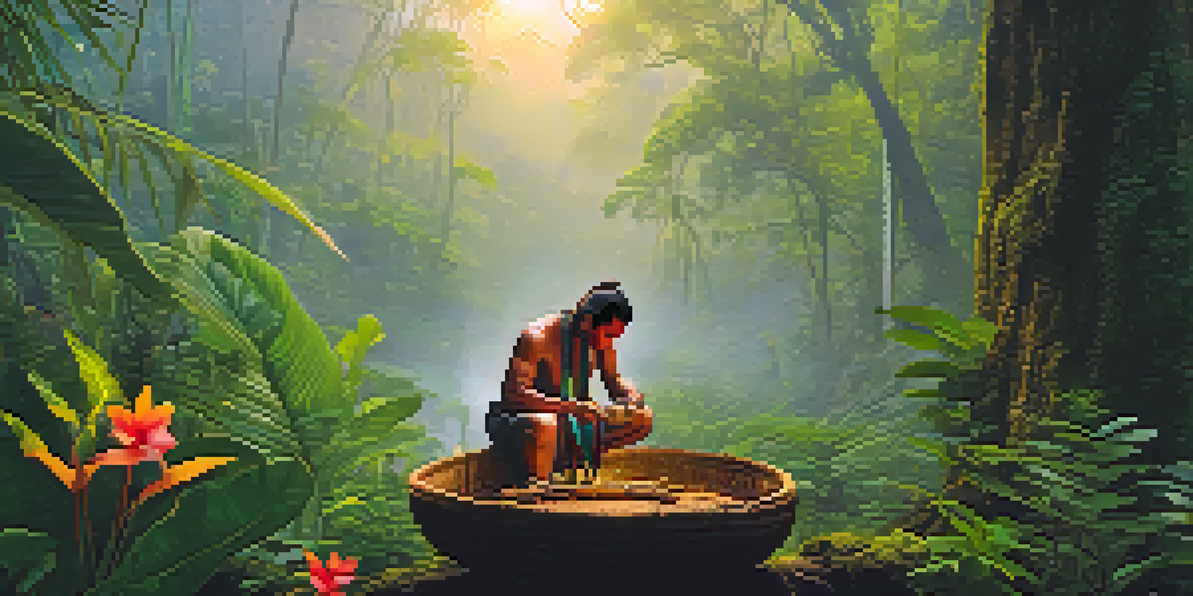 A peaceful Amazon rainforest at dawn, featuring a shaman preparing Ayahuasca in a natural setting.
