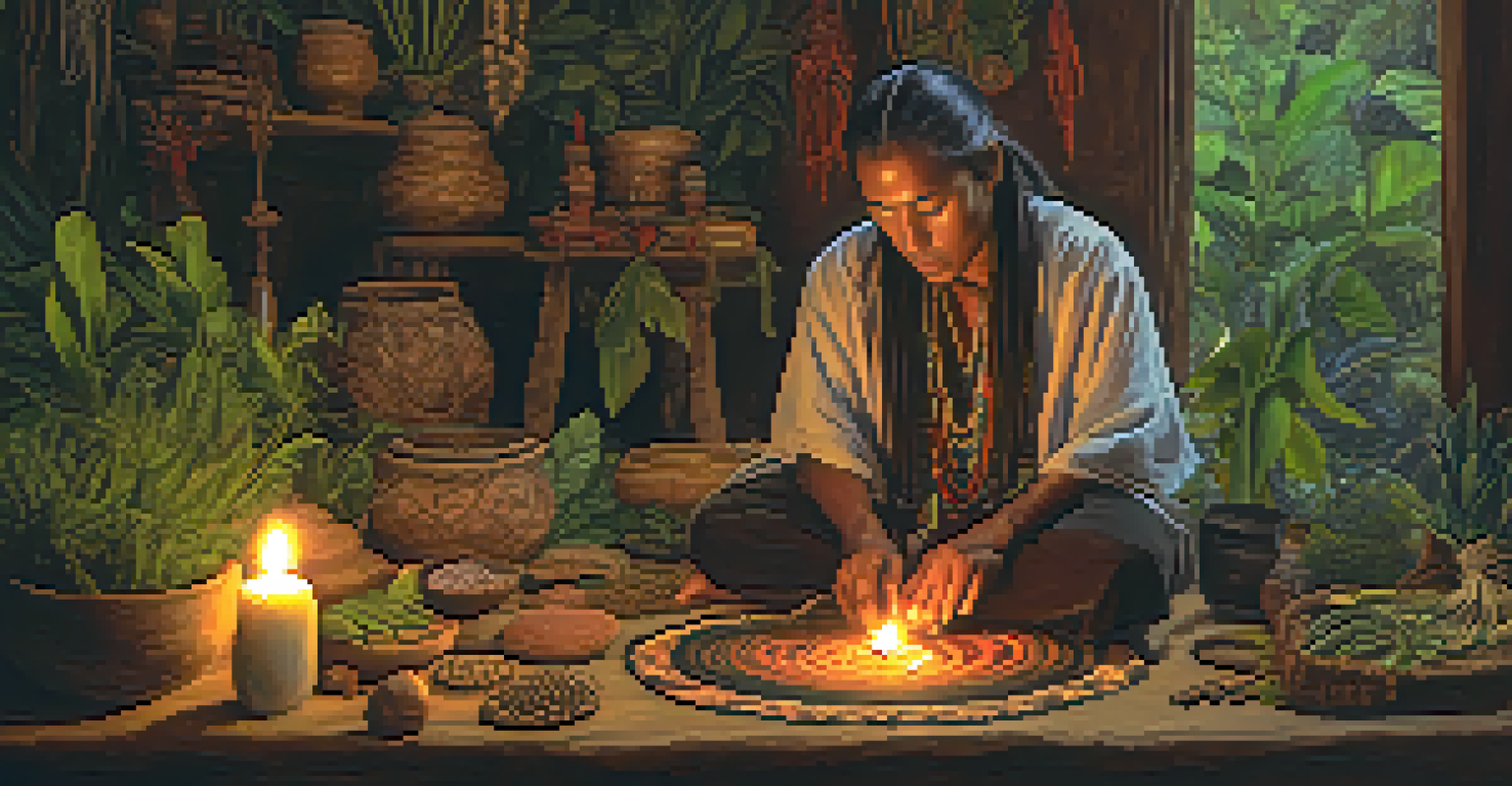 An indigenous shaman preparing ayahuasca with natural ingredients in a candlelit room.