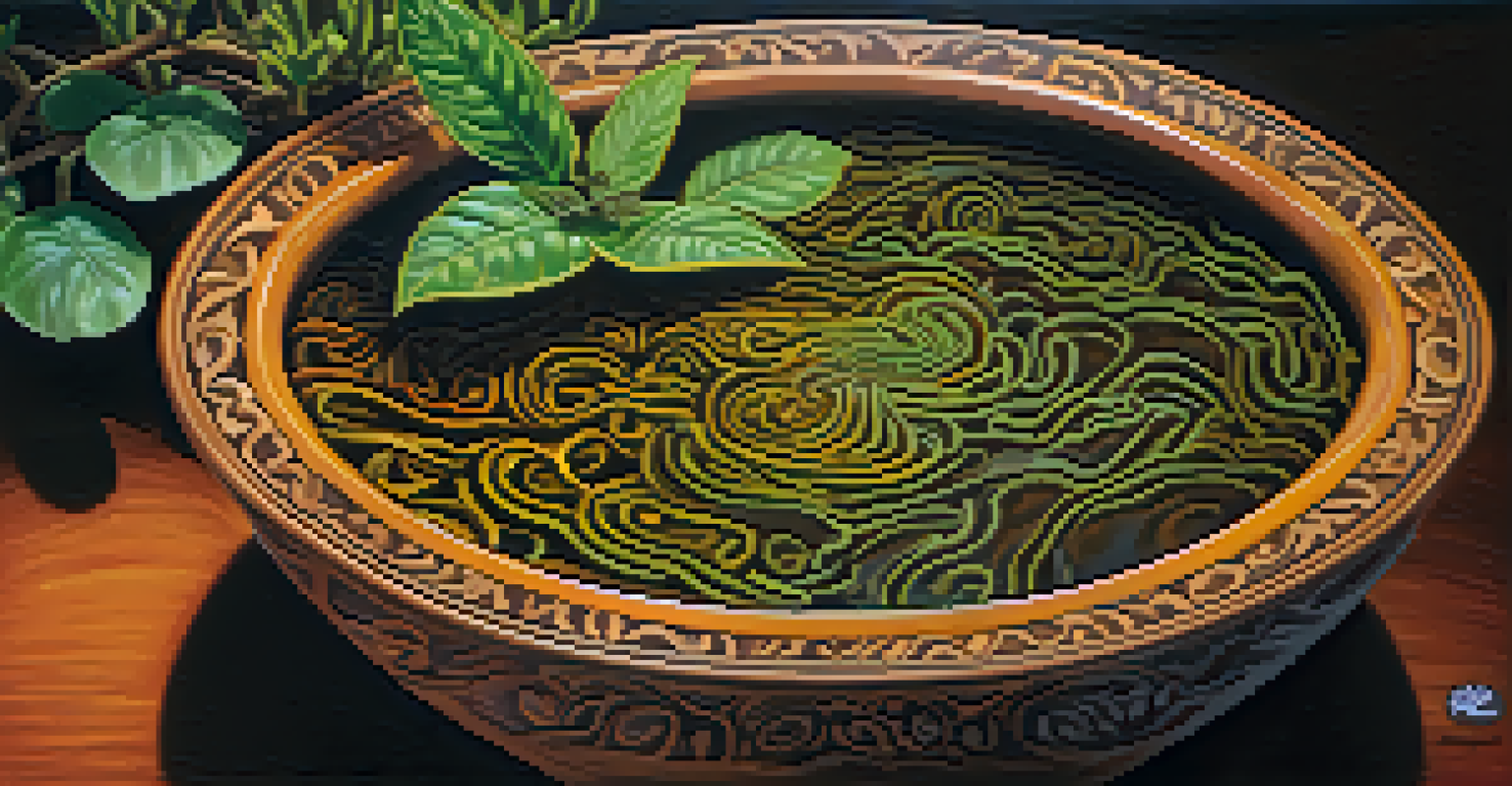 A traditional bowl of Ayahuasca brew with dark liquid and herbs, surrounded by green plants.