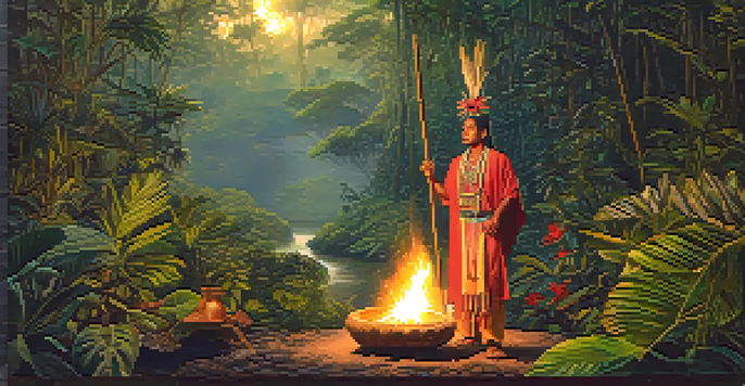 A shaman in traditional attire stands beside a ceremonial fire in an Amazon rainforest at dusk, with soft golden light filtering through the trees.