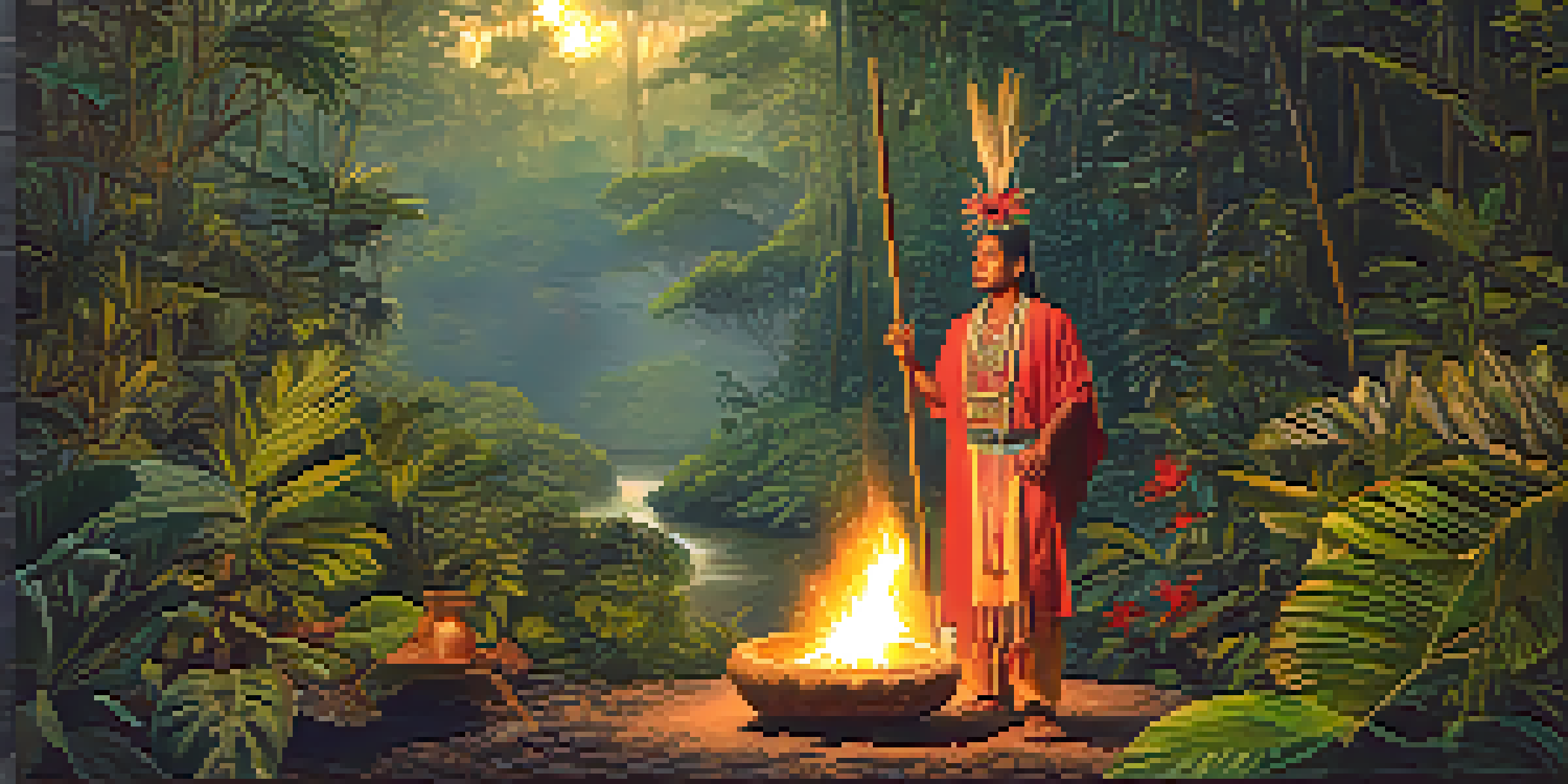 A shaman in traditional attire stands beside a ceremonial fire in an Amazon rainforest at dusk, with soft golden light filtering through the trees.