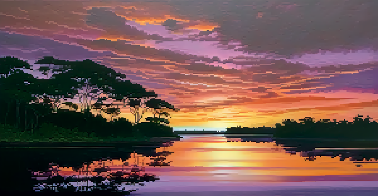 A stunning sunset over a peaceful river in the Amazon, representing reflection and personal growth.