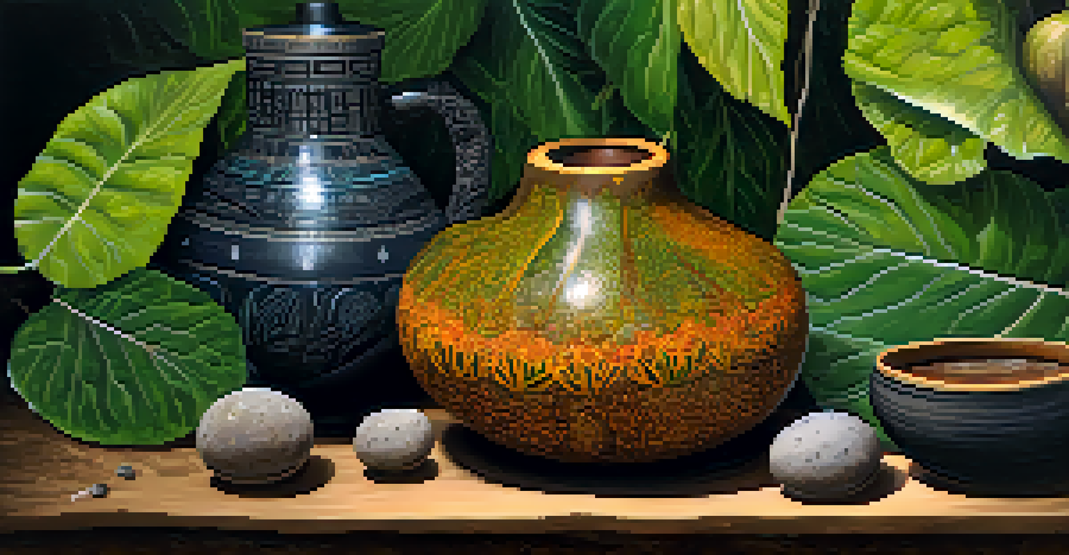 A close-up of an ayahuasca brew in a traditional gourd, surrounded by natural elements like leaves and stones, highlighting the rich color of the liquid.