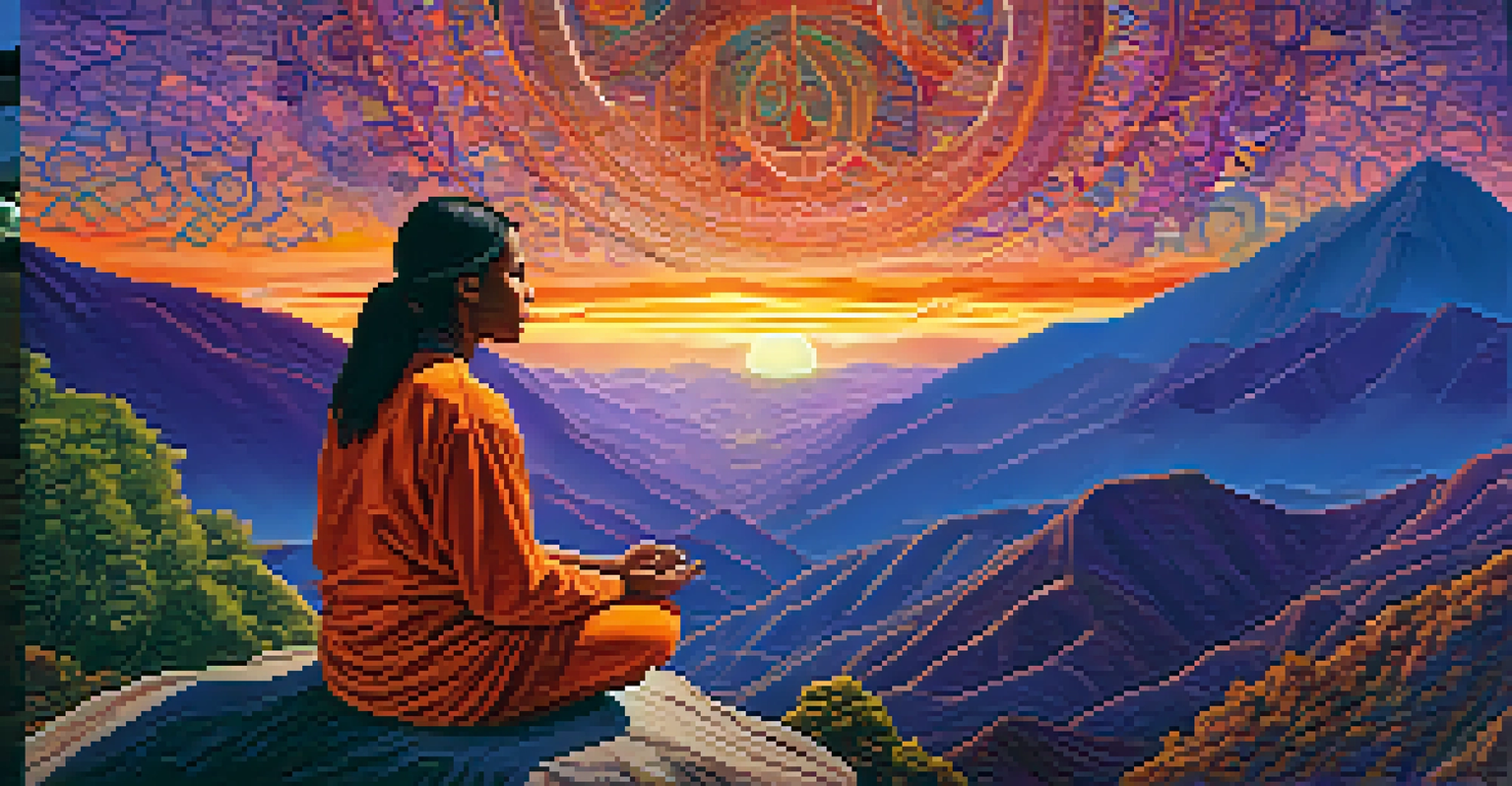 A person meditating on a mountain top at sunset, surrounded by colorful patterns of light representing a transformative experience.