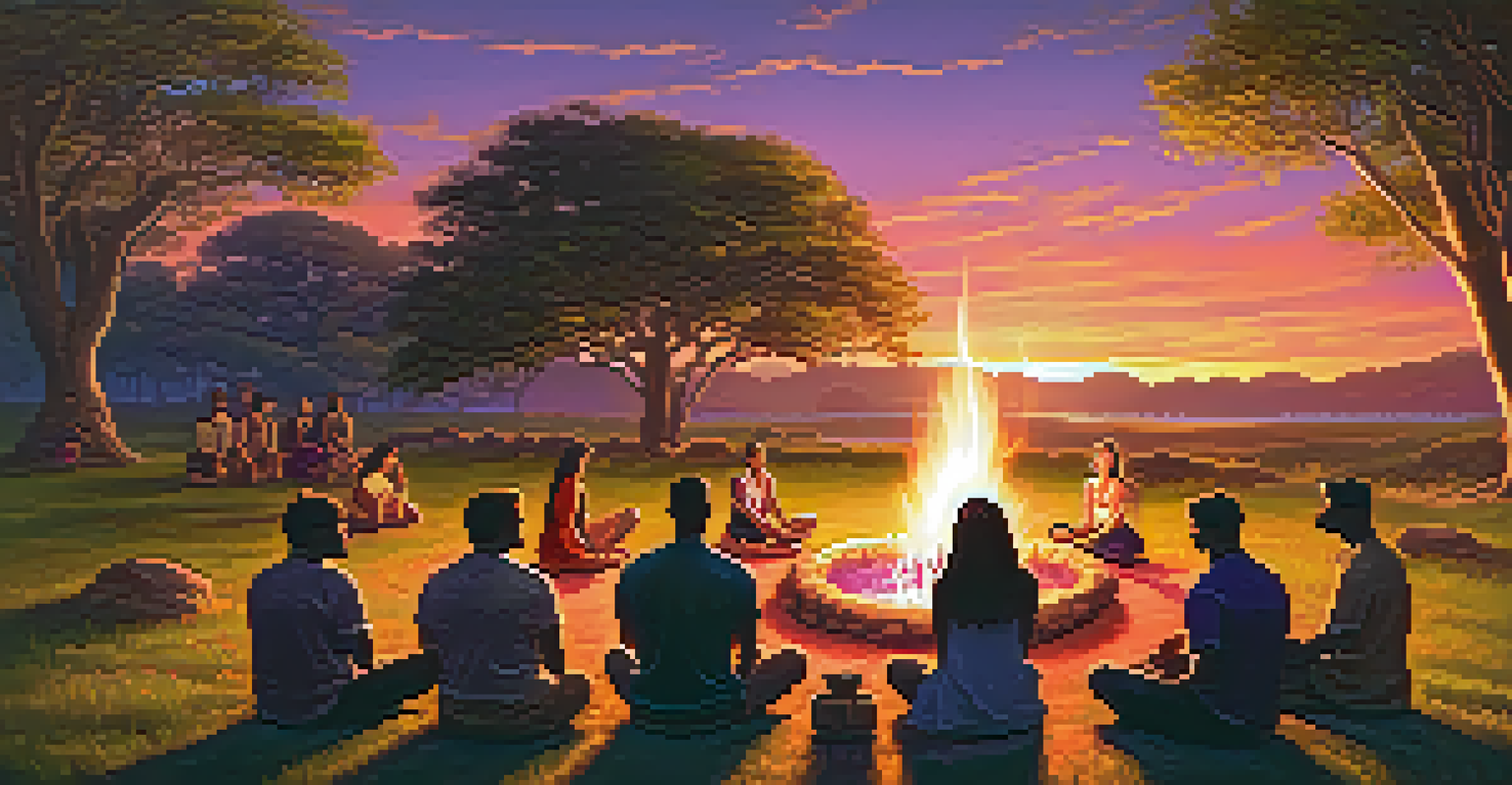 A sunset scene with participants in a circle around a fire pit during an Ayahuasca ceremony.