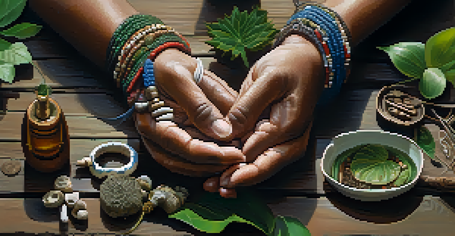 A close-up of a shaman's hands preparing Ayahuasca with traditional jewelry and natural elements in the background.