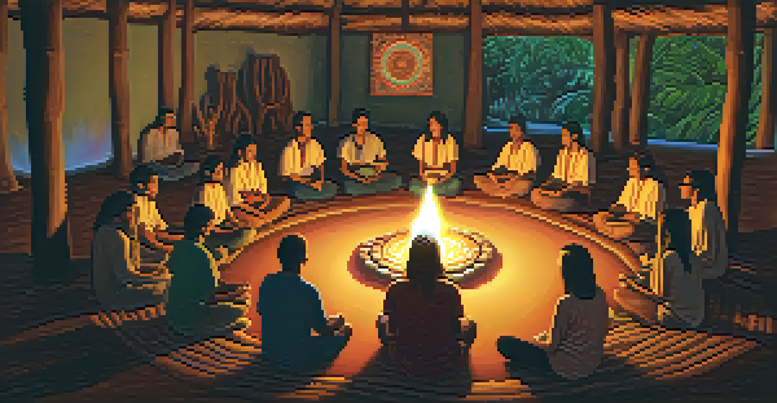 A warm and inviting ayahuasca ceremony with participants sitting in a circle, holding cups of the brew, surrounded by candles and colorful indigenous art.