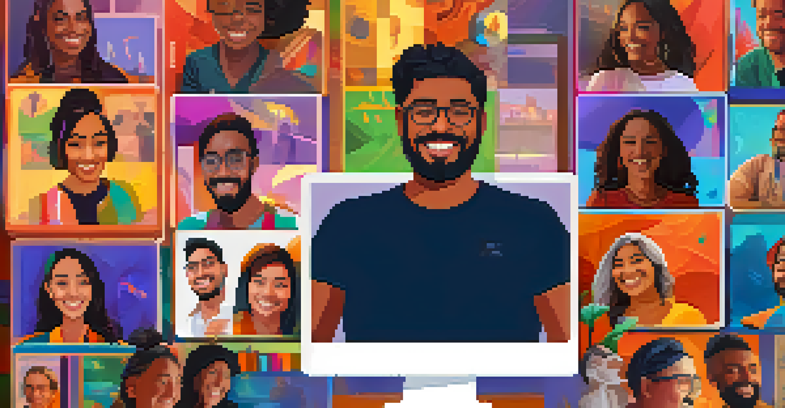 A diverse group of individuals engaging in a supportive online community meeting through a video call on a computer screen.