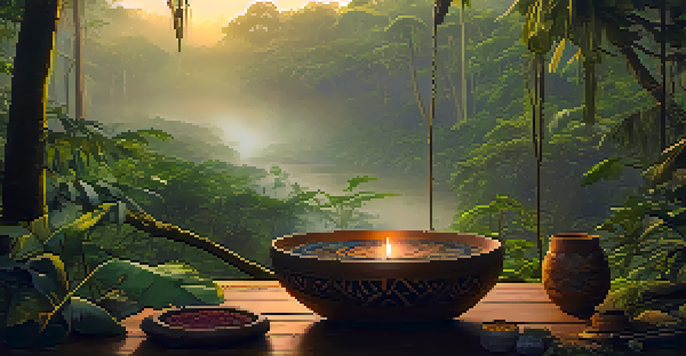 An Amazon rainforest scene at dusk with ceremonial items for an Ayahuasca ceremony, illuminated by warm light.