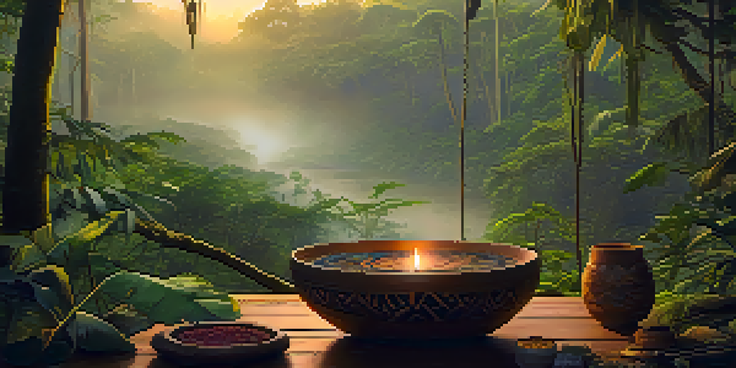 An Amazon rainforest scene at dusk with ceremonial items for an Ayahuasca ceremony, illuminated by warm light.