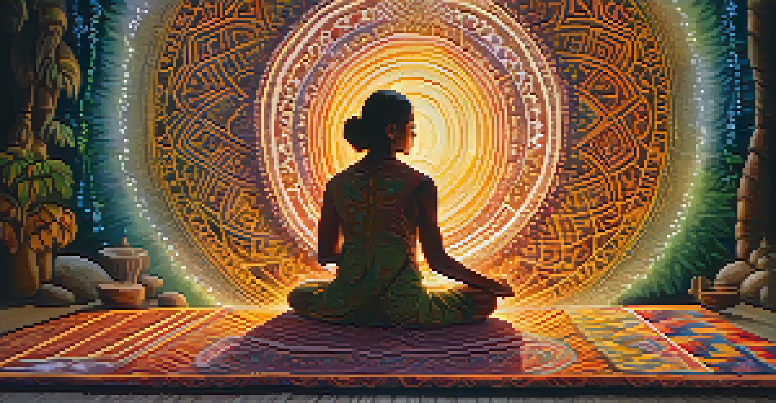 A participant in a meditative state during an Ayahuasca ceremony, surrounded by soft light and swirling patterns.