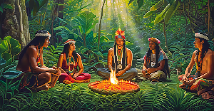 A peaceful jungle setting with a shaman leading an Ayahuasca ceremony, surrounded by participants and rich greenery.